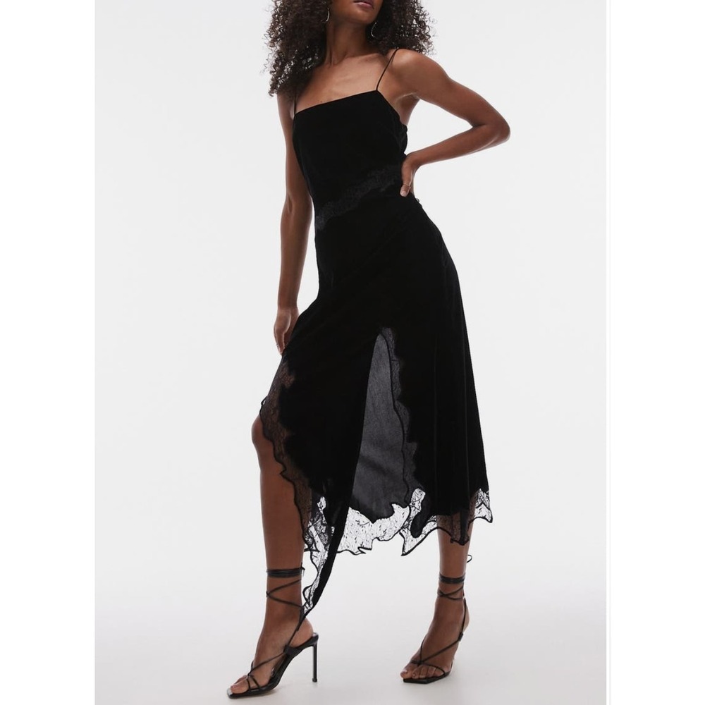 New Topshop Womens Black Velvet Midi Lace Slip Dress NWT adjustable Straps US 2